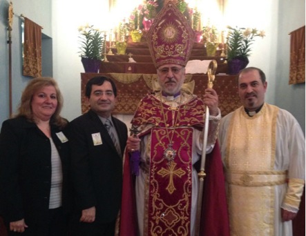 Archbishop Oshagan and Der Mesrob with the donors, Nanor and Vartan Matiossian.