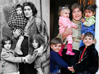 The photo on the left of Marineh Nuroyan and her children became the symbol of the 1988 earthquake. The photo on the right is Marineh with her grandchildren today.